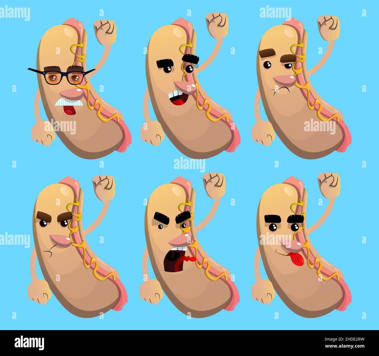 Hot Dog macht den Menschen die Faust. Amerikanisches Fast Food als Zeichentrickfigur mit Gesicht. Stock Vektor