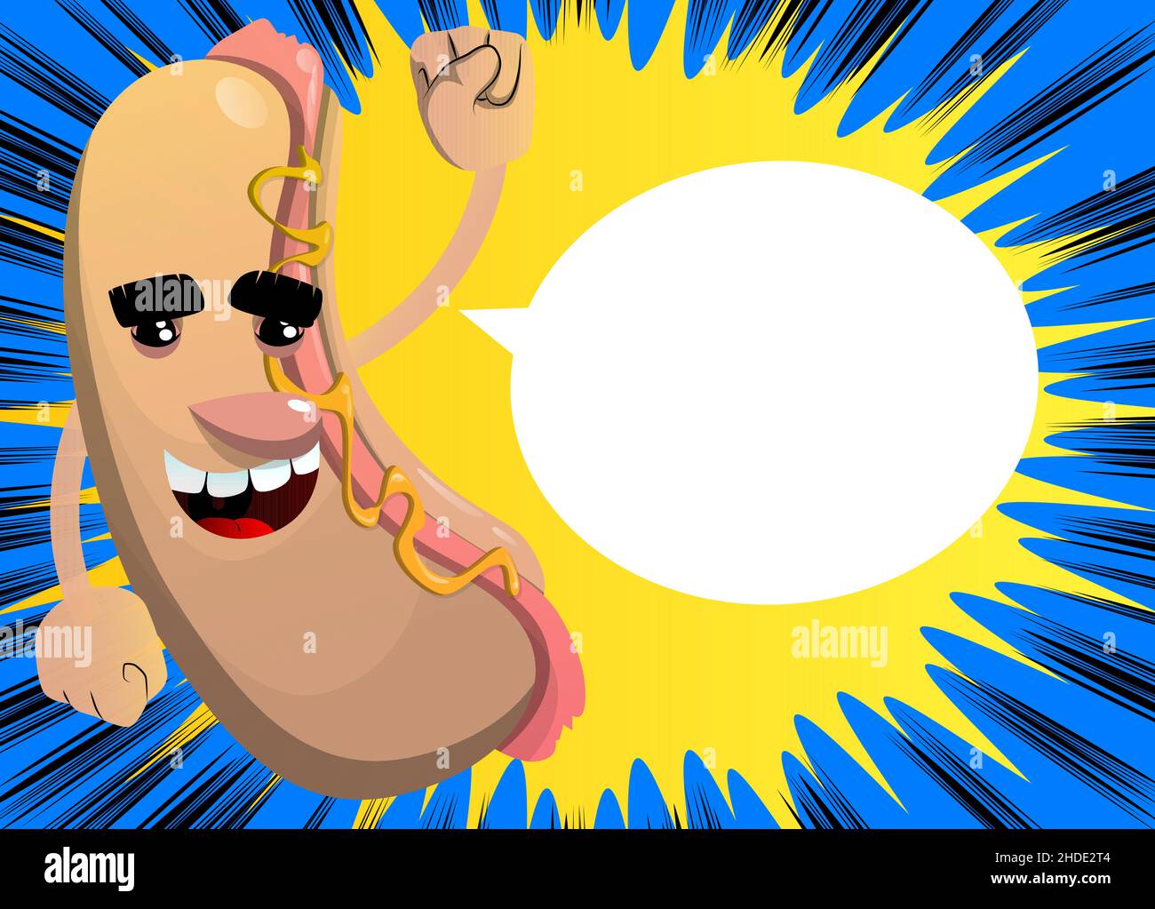 Hot Dog macht den Menschen die Faust. Amerikanisches Fast Food als Zeichentrickfigur mit Gesicht. Stock Vektor