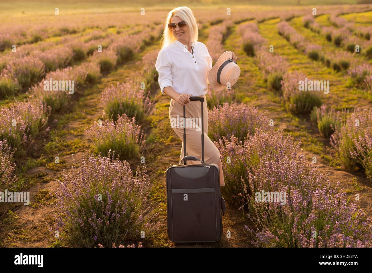 Frau mit Koffer in der Hand in einem Lavendelfeld am Sommernachmittag Stockfoto