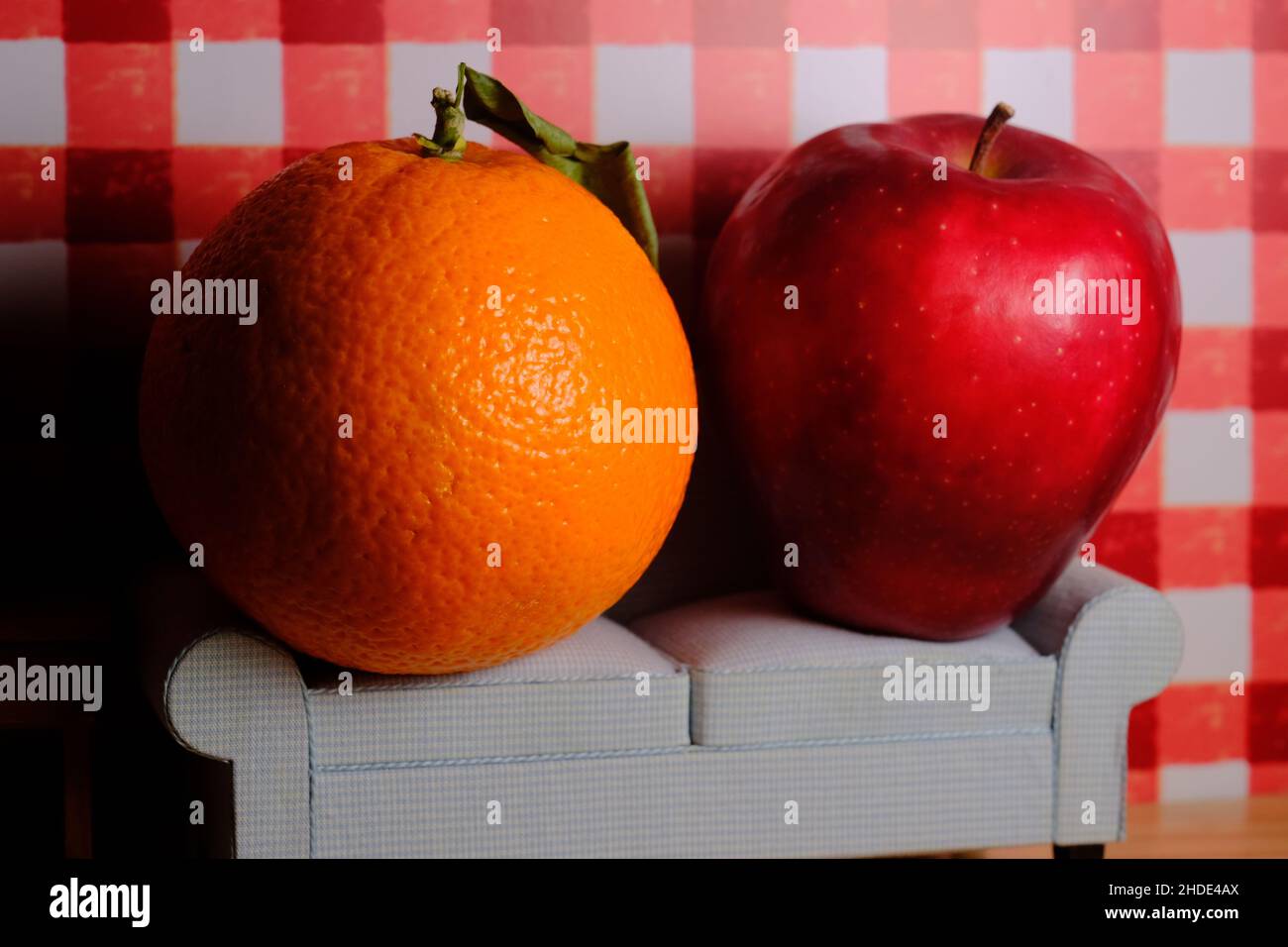 Vergleich von Äpfeln mit Orangen Idiom Konzept mit Obst auf dem Sofa sitzen Stockfoto