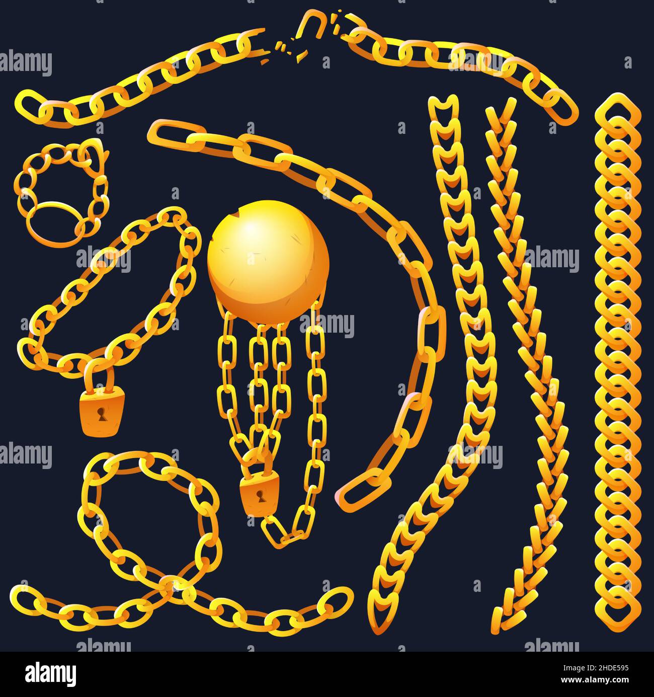 Goldene Ketten mit ganzen und gebrochenen Gliedern, goldenem bob und Vorhängeschloss, verbundene gelbe Metallringe. Schwere dekorative oder Schmuck-Elemente, Armbänder isoliert auf schwarzem Hintergrund Cartoon-Vektor-Illustration Stock Vektor