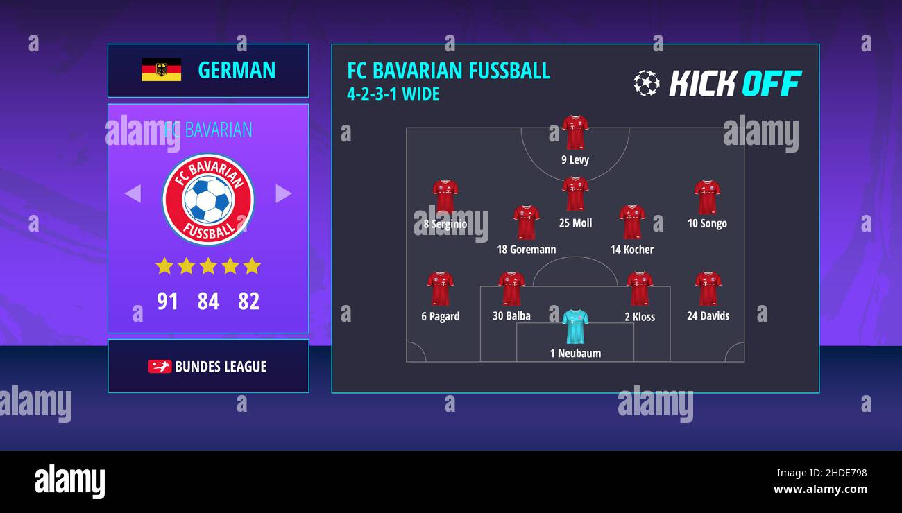 Grafische Vorlage im Fußball-Stil inspiriert von Fußball-Videospielen. Fiktionale Teams, Bayern und Katalonien. Beiträge Instagram post für Welt und Euro Stock Vektor