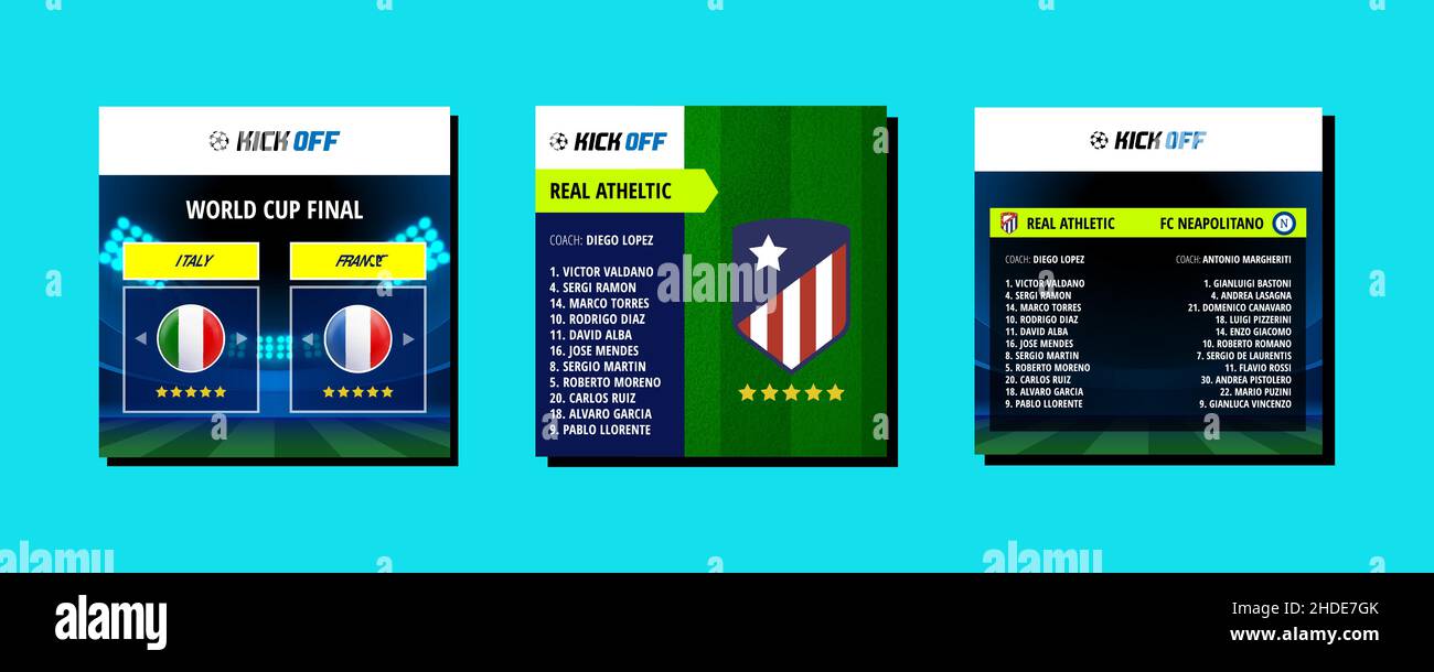 Grafische Vorlage im Fußball-Stil inspiriert von Fußball-Videospielen.  Fiktionale Teams, Spielpläne Instagram Post für Welt und Euro  Stock-Vektorgrafik - Alamy