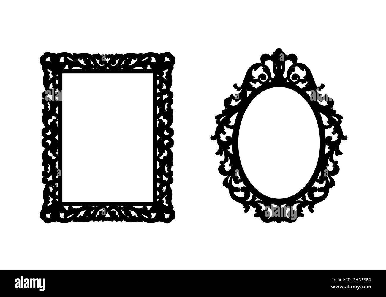 Zwei Vintage durchbrochene schwarze Rahmen auf weißem Hintergrund zum Drucken und Laserschnitzen. Vektorgrafik. Stock Vektor