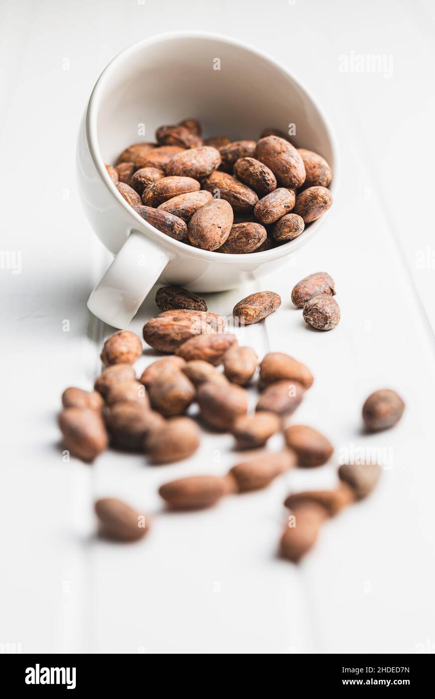 Getrocknete Kakaobohnen. Kakaobohnen in Tasse auf weißem Tisch. Stockfoto