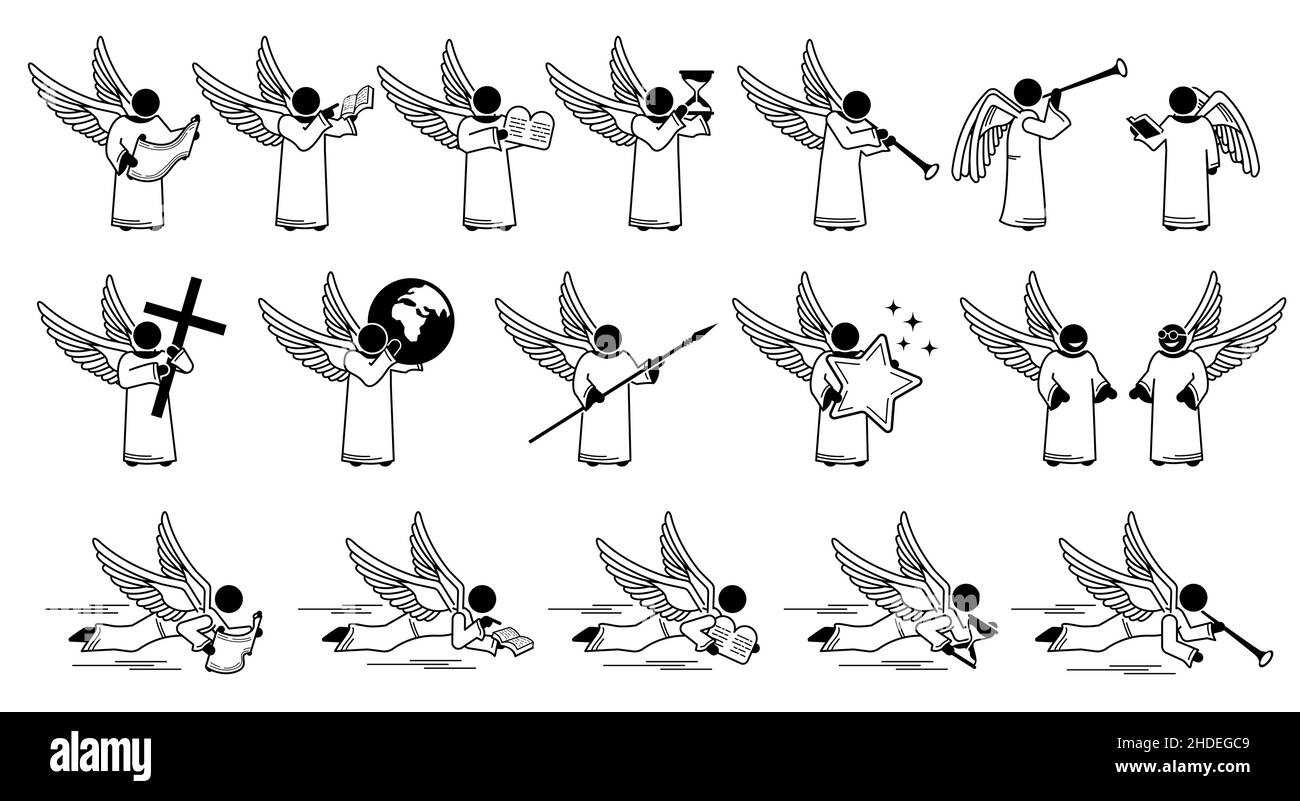 Gott Engel hält mit verschiedenen Objekten Stick Figur Piktogramm Symbole. Vektor-Illustrationen von Engel halten Buch, bibel, zehn Gebote, Hou Stock Vektor