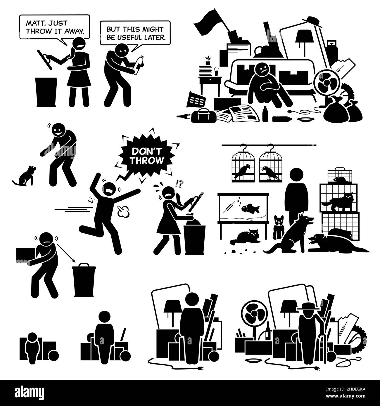 Zwangsstörung OCD. Horder hortet psychische Störungen. Vektor-Illustrationen von Hoarderleiden mit Horten zwanghaften Disos Stock Vektor