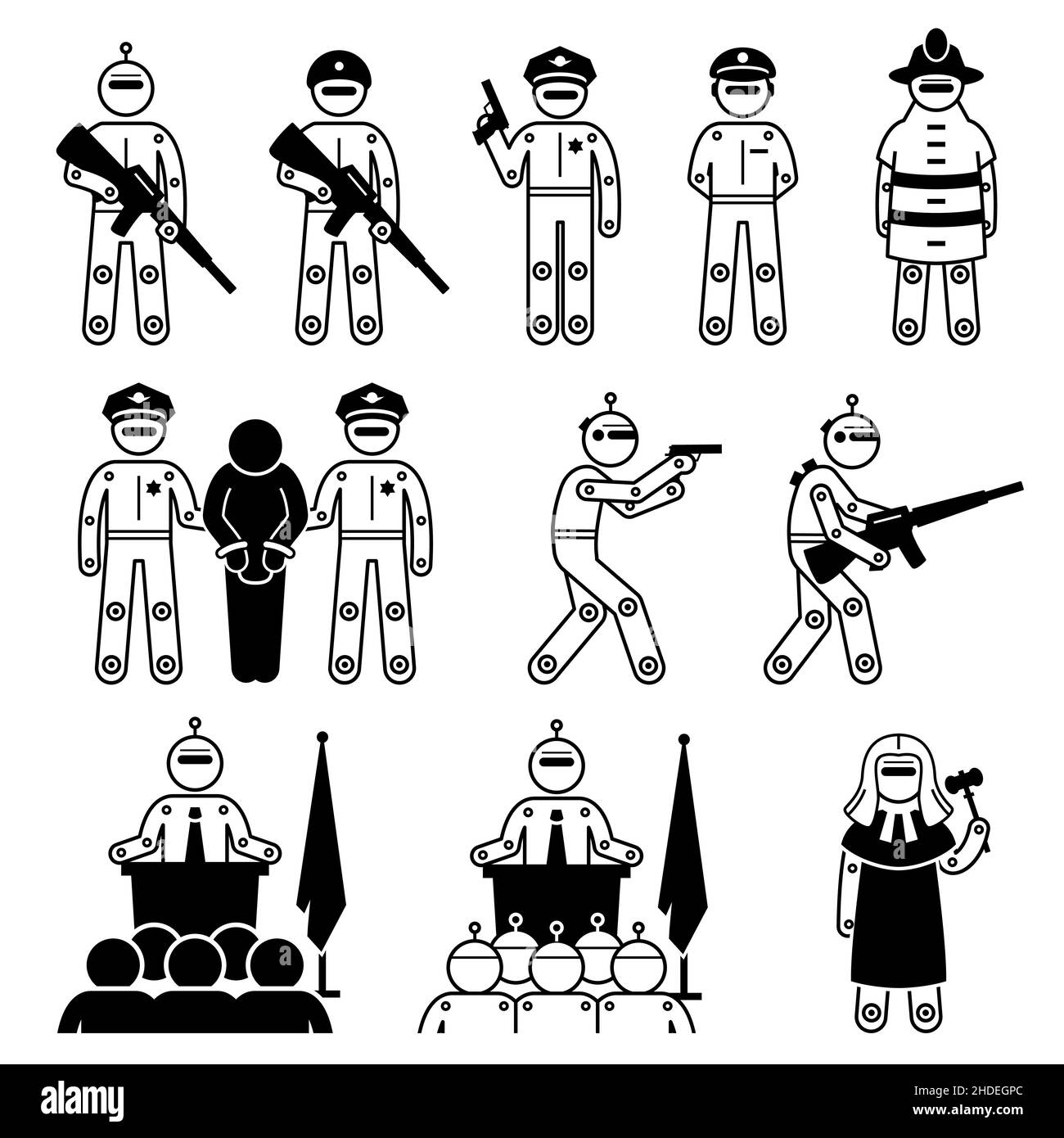 Humanoider Roboter-Soldat, Polizei, Regierung, Richter und Autorität. Vektor-Illustrationen von Roboter-Vollstrecker, Cyborg Polizei und Armee mit Waffe, und artifici Stock Vektor