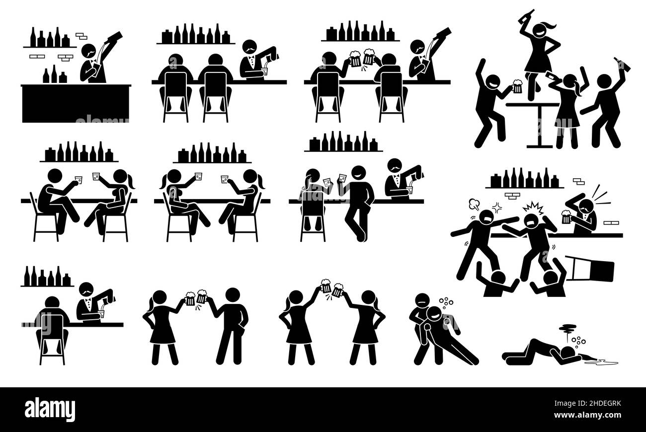 Leute, die Bier und Wein an der Bar trinken. Vektor-Illustration Strichfiguren von Barkeeper, männlichen und weiblichen Freunden, die Alkohol trinken, Mädchen, die auf dem Tisch tanzen, Stock Vektor