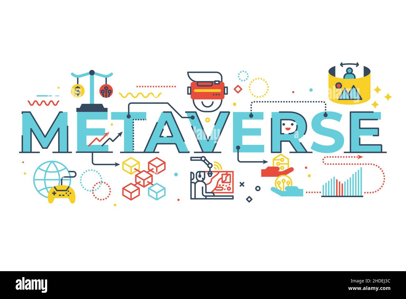 Metaverse Wortschriftendarstellung mit Symbolen für Webbanner, Flyer, Landing Page, Präsentation, Buchcover, Artikel usw. Stock Vektor