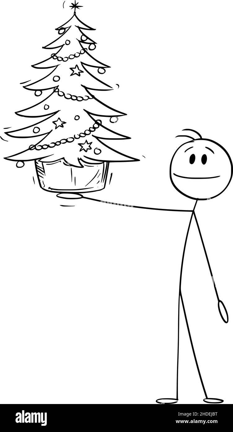 Person Hält Geschmückten Weihnachtsbaum, Vektor Cartoon Stick Abbildung Stock Vektor