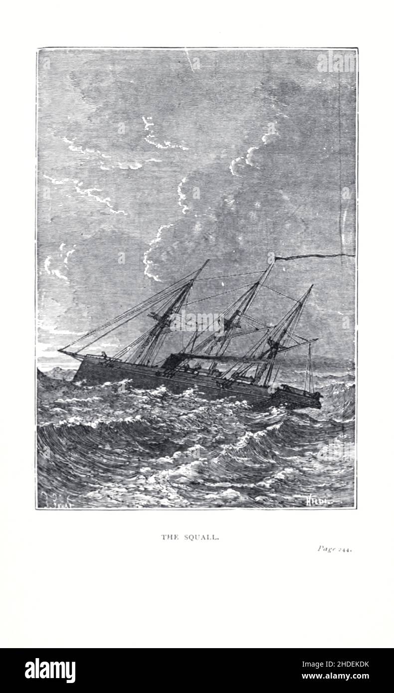 The Squall - The Delphin Crossing the Atlantic Illustrated by Jules Ferat from the Blockade Runners' (französisch: Les forcurs de blocus) ist eine Novelle von Jules Verne aus dem Jahr 1865. Im Jahr 1871 erschien sie in einem Band zusammen mit dem Roman A Floating City als Teil der Reihe Voyages Extraordinaires (The Extraordinaires). Eine englische Übersetzung wurde 1874 veröffentlicht. Der amerikanische Bürgerkrieg konzentriert sich auf die Heldentaten eines britischen Handelskapitäns namens James Playfair, der die Unionsblockade des Hafens von Charleston in South Carolina durchbrechen muss, um Lieferungen gegen Baumwolle zu tauschen. Stockfoto