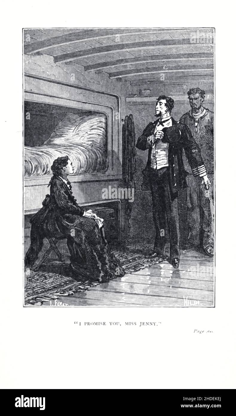 Ich verspreche Ihnen. Miss Jenny illustriert von Jules Ferat aus der Blockade Runners' (französisch: Les forcurs de blocus) ist eine Novelle von Jules Verne aus dem Jahr 1865. Im Jahr 1871 erschien sie in einem Band zusammen mit dem Roman A Floating City als Teil der Reihe Voyages Extraordinaires (The Extraordinaires). Eine englische Übersetzung wurde 1874 veröffentlicht. Der amerikanische Bürgerkrieg konzentriert sich auf die Heldentaten eines britischen Handelskapitäns namens James Playfair, der die Unionsblockade des Hafens von Charleston in South Carolina durchbrechen muss, um Lieferungen gegen Baumwolle zu tauschen und später in dem Buch Halliburtt zu retten, Stockfoto