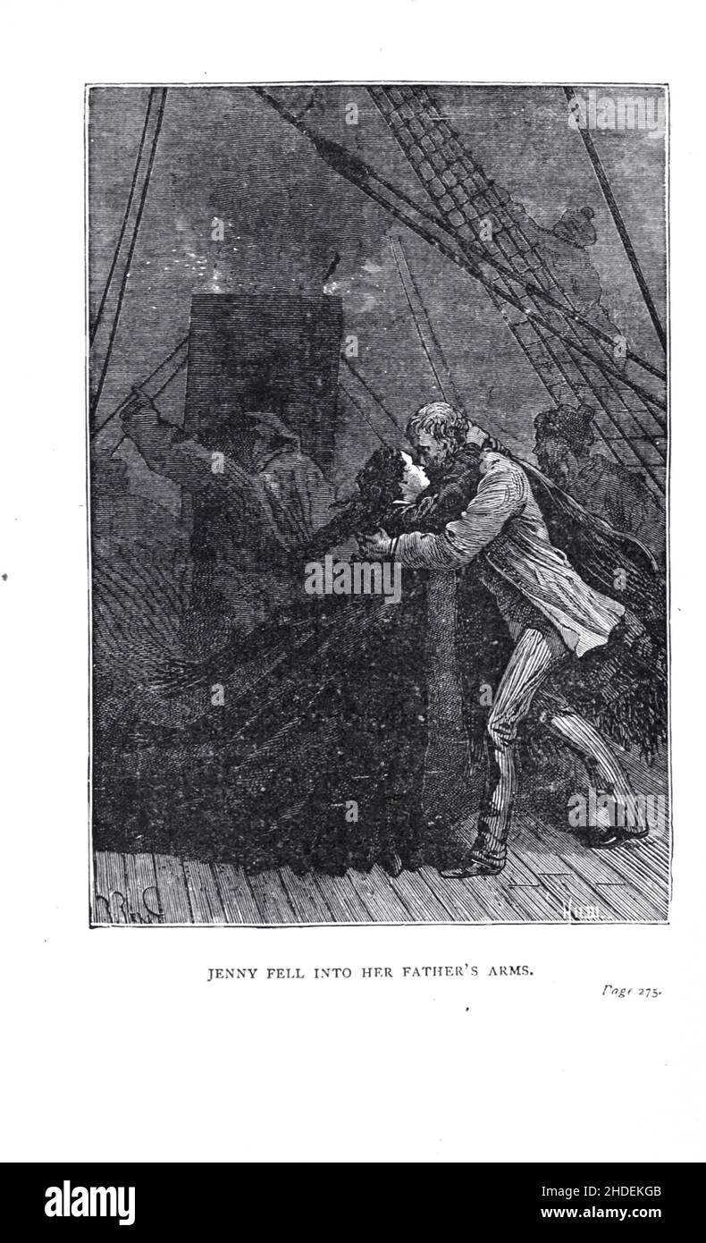 Jenny fiel ihrem Vater in die Arme, illustriert von Jules Ferat aus der Blockade Runners' (französisch: Les forcurs de blocus) ist eine Novelle von Jules Verne aus dem Jahr 1865. Im Jahr 1871 erschien sie in einem Band zusammen mit dem Roman A Floating City als Teil der Reihe Voyages Extraordinaires (The Extraordinaires). Eine englische Übersetzung wurde 1874 veröffentlicht. Der amerikanische Bürgerkrieg konzentriert sich auf die Heldentaten eines britischen Handelskapitäns namens James Playfair, der die Unionsblockade des Hafens von Charleston in South Carolina durchbrechen muss, um Lieferungen gegen Baumwolle zu tauschen und später im Buch Hal zu retten Stockfoto