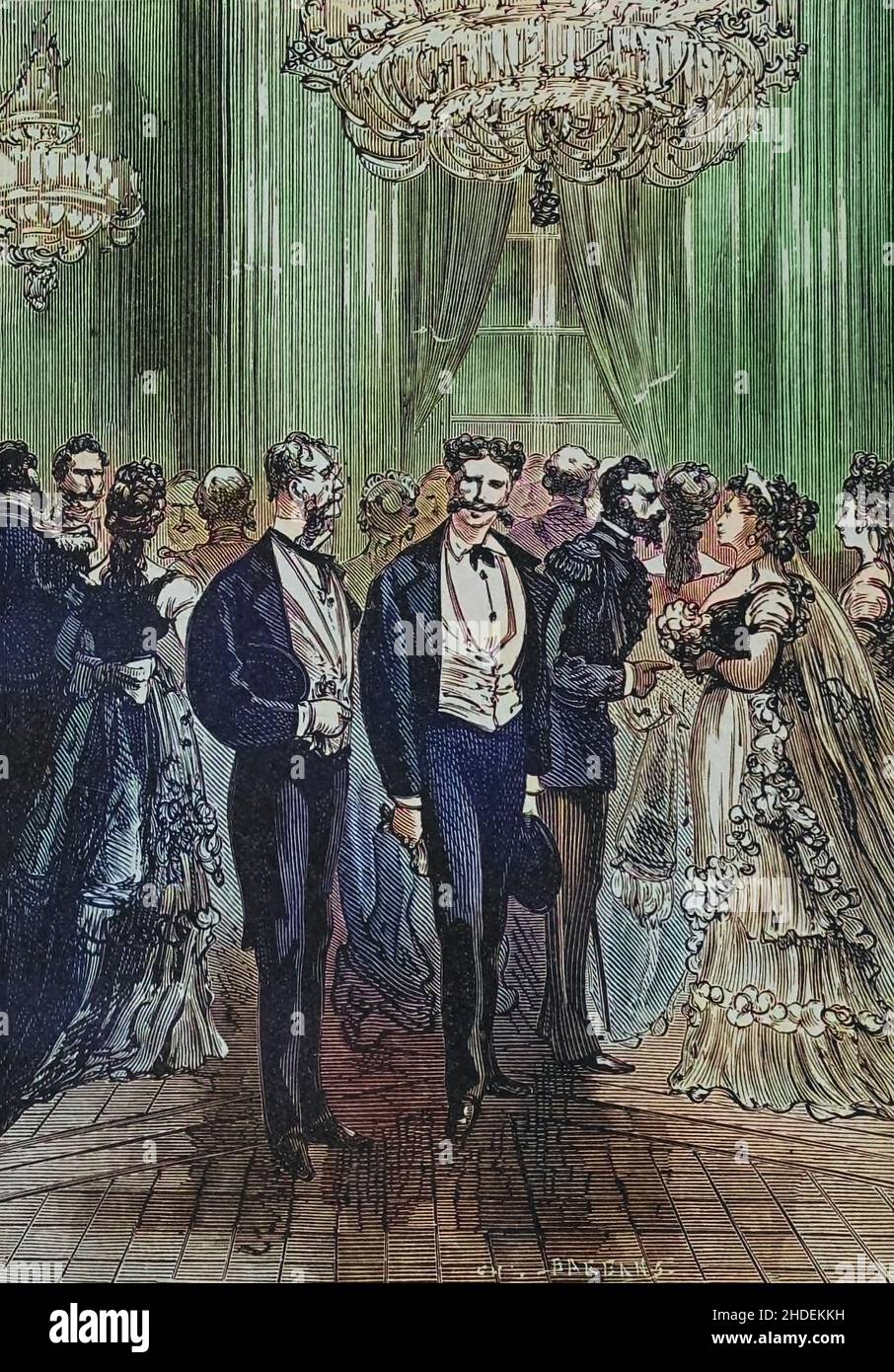 Wirklich, Herr, diese Féte ist bezaubernd, gezeichnet von Jules Férat. Aus dem Buch Michael Strogoff: Der Kurier des Zaren (französisch: Michel Strogoff) ist ein Roman, der von Jules Verne 1876 geschrieben wurde. Kritiker, darunter Leonard S. Davidow, betrachten es als eines der besten Bücher von Verne. Im Gegensatz zu einigen anderen Romanen von Verne handelt es sich nicht um Science Fiction, sondern um ein wissenschaftliches Phänomen (Leidenfrost-Effekt). Das Buch wurde später von Verne selbst und Adolphe d'Ennery einem Theaterstück angepasst. Die Bühnenmusik zum Stück wurde 1880 von Alexandre Artus und 1893 von Franz von Suppé geschrieben. Das Buch wurde mehrfach adaptiert Stockfoto