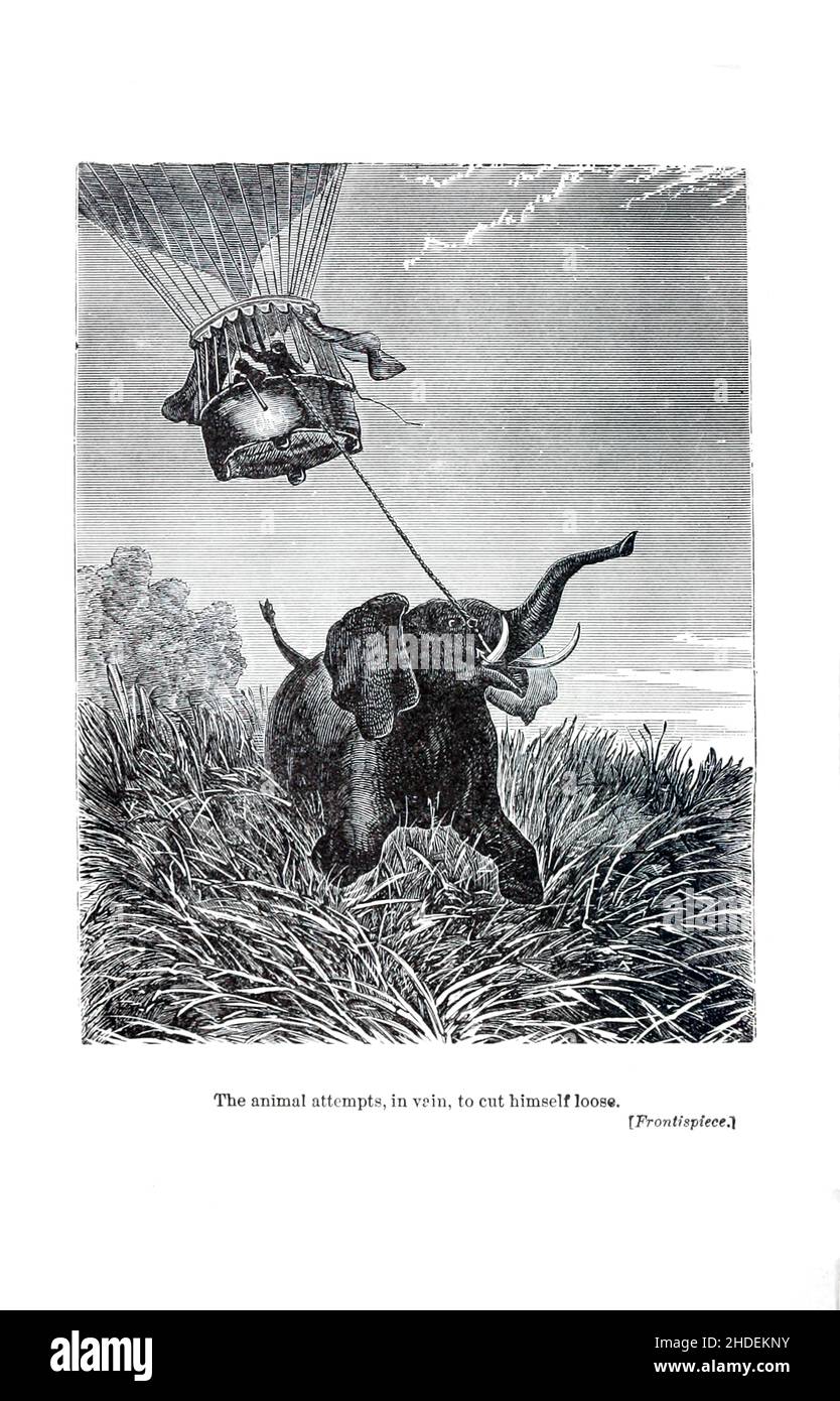 The Animal hat vergeblich versucht, sich die Illustration von Riou aus fünf Wochen im Ballon zu schneiden, oder, A Journey of Discovery von drei Engländern in Africa (französisch: Cinq semaines en ballon) ist ein Abenteuerroman von Jules Verne, der 1863 veröffentlicht wurde. Es ist der erste Roman, in dem er die "Zutaten" seines späteren Werks perfektionierte und geschickt eine Erzähllinie voller Abenteuer- und Handlung-Wendungen mischte, die das Interesse des Lesers durch Passagen technischer, geografischer und historischer Beschreibungen bewahren. Das Buch gibt dem Leser einen Einblick in die Erforschung Afrikas, die noch nicht vollständig bekannt war Stockfoto