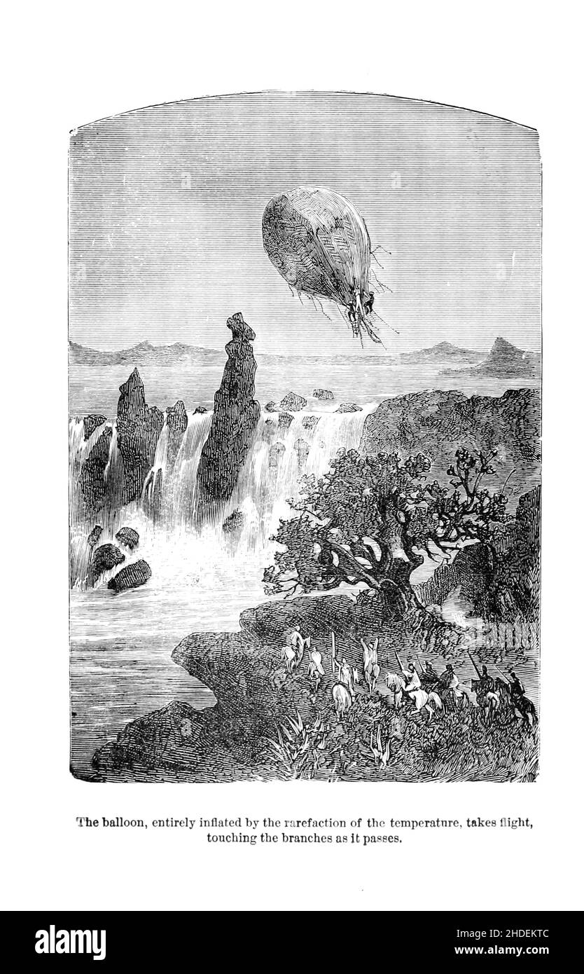 Der Ballon, vollständig aufgeblasen durch die Verflacht der Temperatur, nimmt Flug, berühren die Zweige, wie es passiert Illustration von Riou aus fünf Wochen in einem Ballon, oder, Eine Reise der Entdeckung von drei Engländern in Afrika (Französisch: Cinq semaines en ballon) ist ein Abenteuerroman von Jules Verne, der 1863 veröffentlicht wurde. Es ist der erste Roman, in dem er die "Zutaten" seines späteren Werks perfektionierte und geschickt eine Erzähllinie voller Abenteuer- und Handlung-Wendungen mischte, die das Interesse des Lesers durch Passagen technischer, geografischer und historischer Beschreibungen bewahren. Das Buch gibt den Lesern einen Einblick in Stockfoto