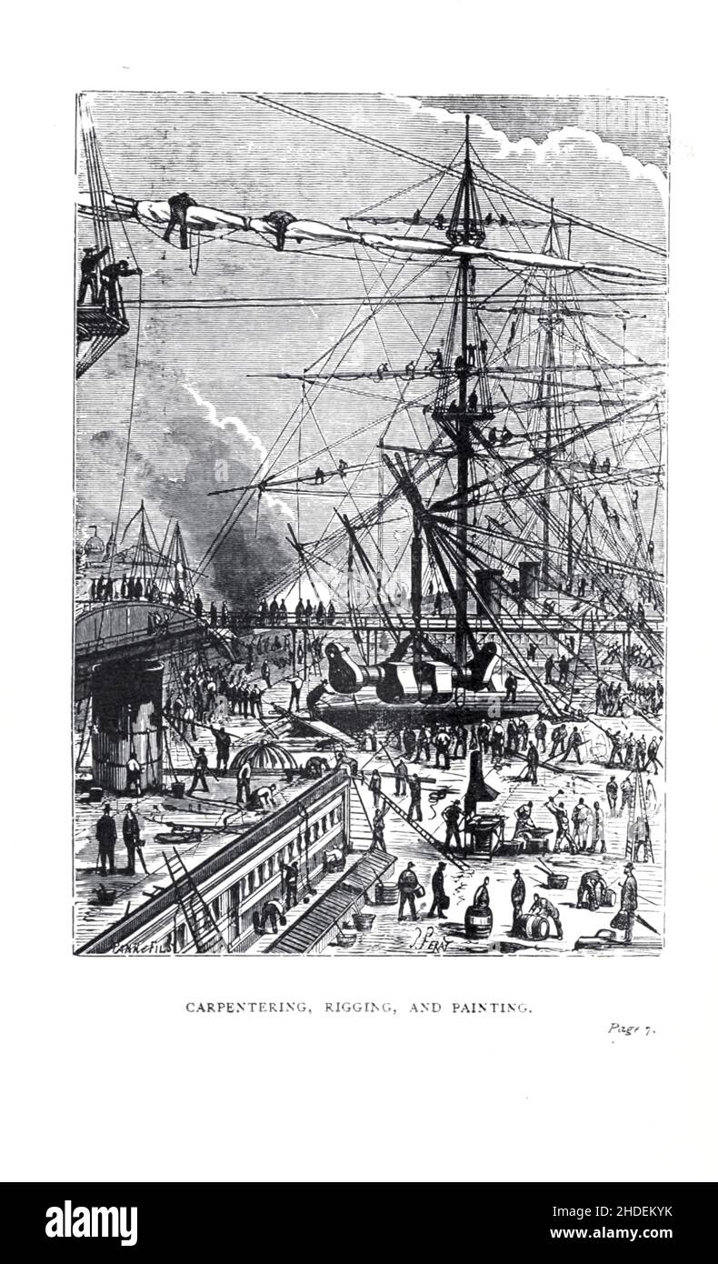 Das Entnehmen, Rigging und Malen von Jules Ferat aus Einer schwimmenden Stadt, oder manchmal übersetzt The Floating City, (französisch: Une ville flottante) ist ein Abenteuerroman des französischen Schriftstellers Jules Verne, der erstmals 1871 in Frankreich veröffentlicht wurde. Zum Zeitpunkt seiner Veröffentlichung genoss der Roman eine ähnliche Popularität wie in den achtzig Tagen auf der ganzen Welt. Die erste britische und US-amerikanische Ausgabe des Romans erschien 1874. Jules Férat lieferte die Originalillustrationen für den Roman. Es erzählt von einer Frau, die an Bord des Schiffes Great Eastern mit ihrem missbräuchlichen Ehemann feststellt, dass der Mann, den sie liebt, auch an Bord ist. Stockfoto