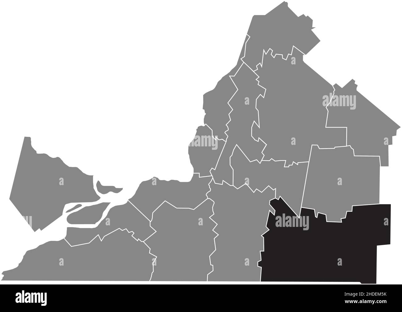 Schwarz flache leere markierte Lagekarte der REGIONALGEMEINDE BROME-MISSISQUOI in grauer Verwaltungskarte von Montérégie, Quebec, C Stock Vektor