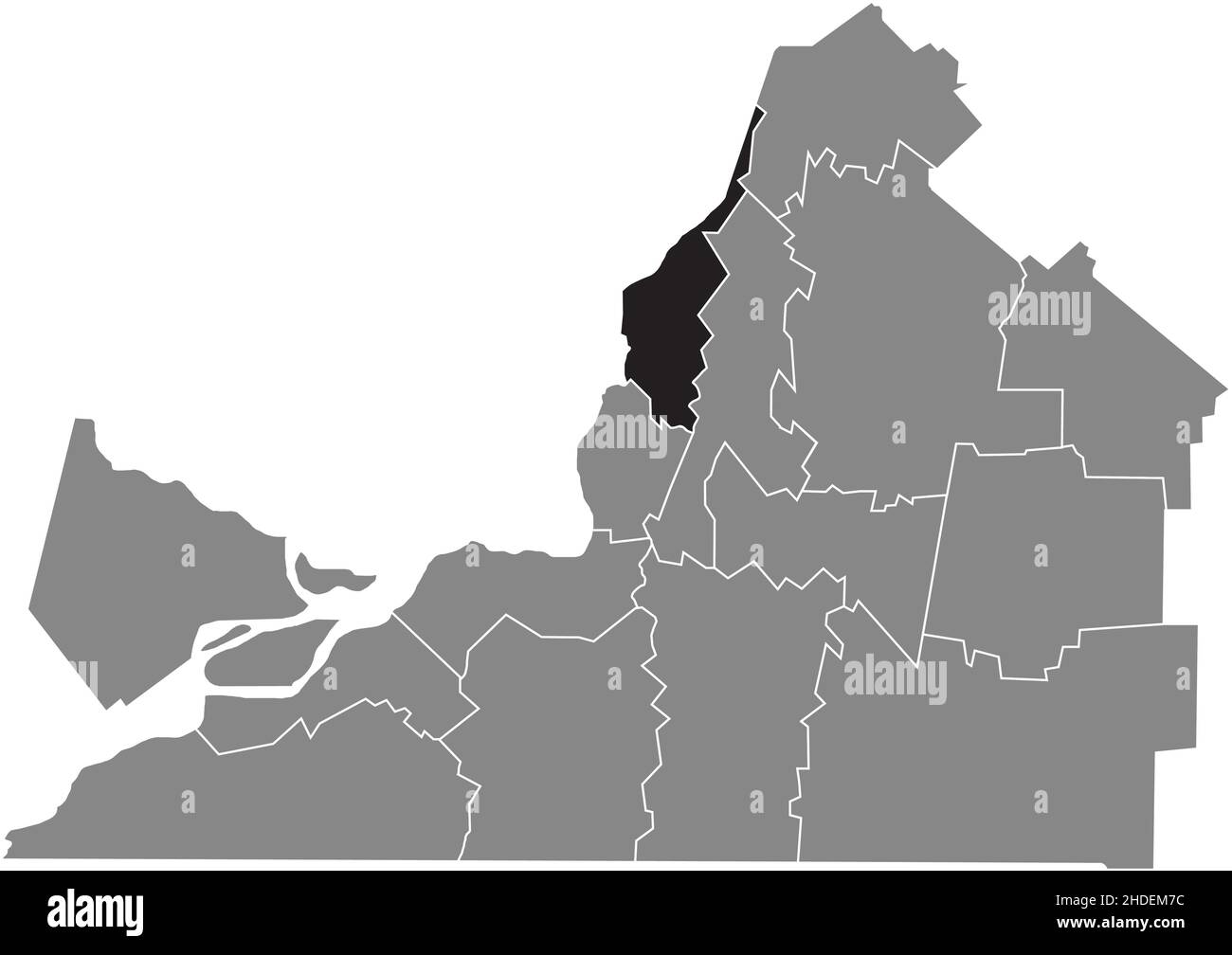 Schwarz, flach, leer, markierte Lagekarte der MARGUERITE-D'YOUVILLE Regional County Municipality in grauer Verwaltungskarte von Montérégie, Queb Stock Vektor