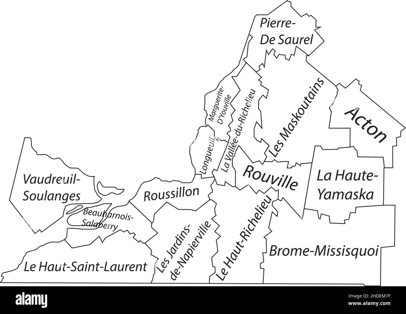 Weiße flache Vektor-Verwaltungskarte von MONTÉRÉGIE, QUEBEC, KANADA mit schwarzen Grenzlinien und Namensschildern seiner Gemeinden Stock Vektor
