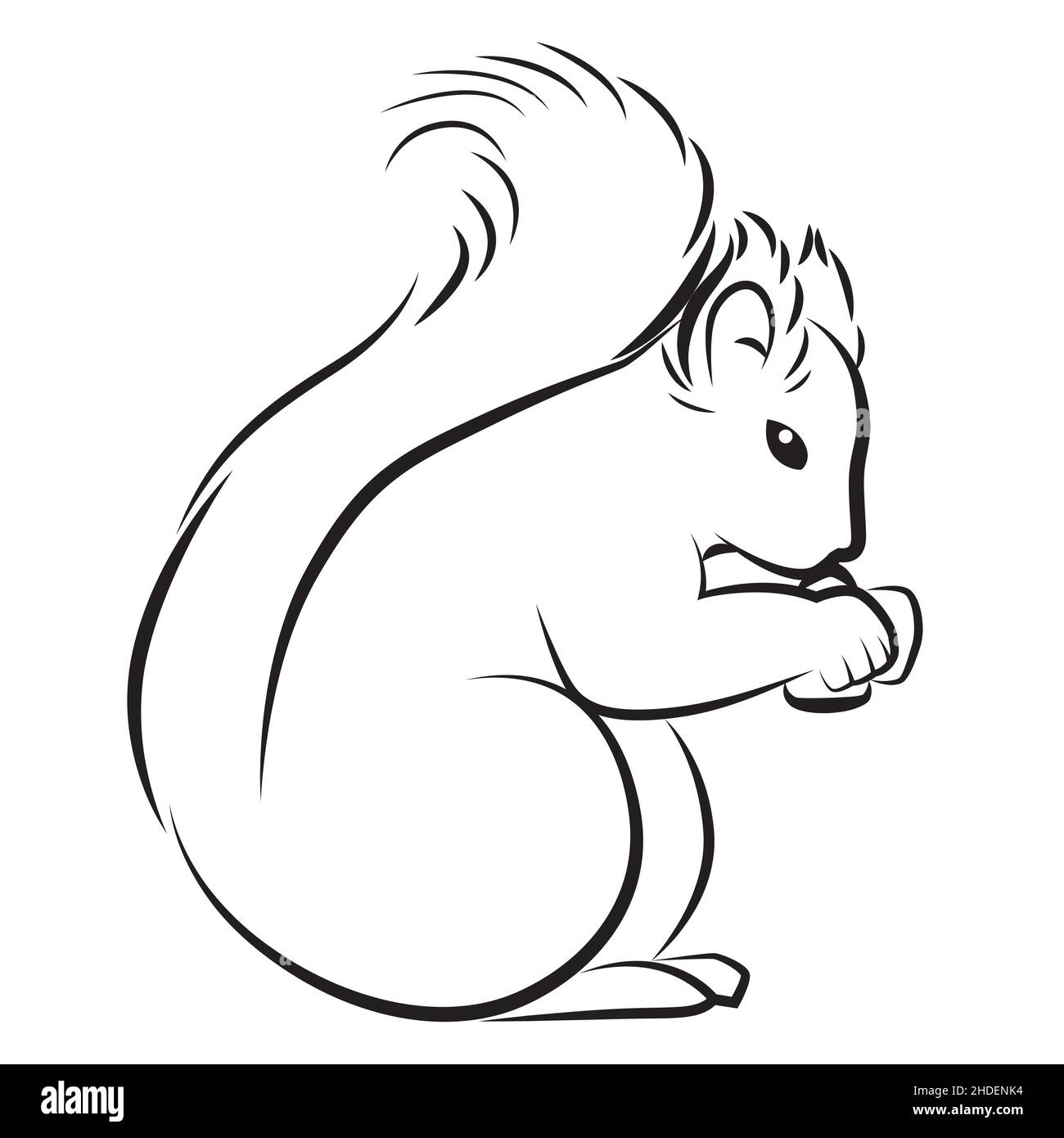 Nettes Eichhörnchen mit flauschigen Schwanz halten essen Nuss Clipart lineart. Vektorgrafik Stock Vektor