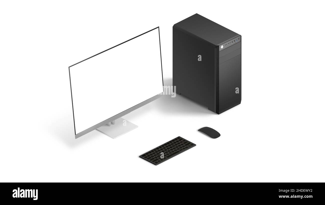 Isoliertes Computerdisplay, Gehäuse, Tastatur und Maus in isometrischer Position Stockfoto
