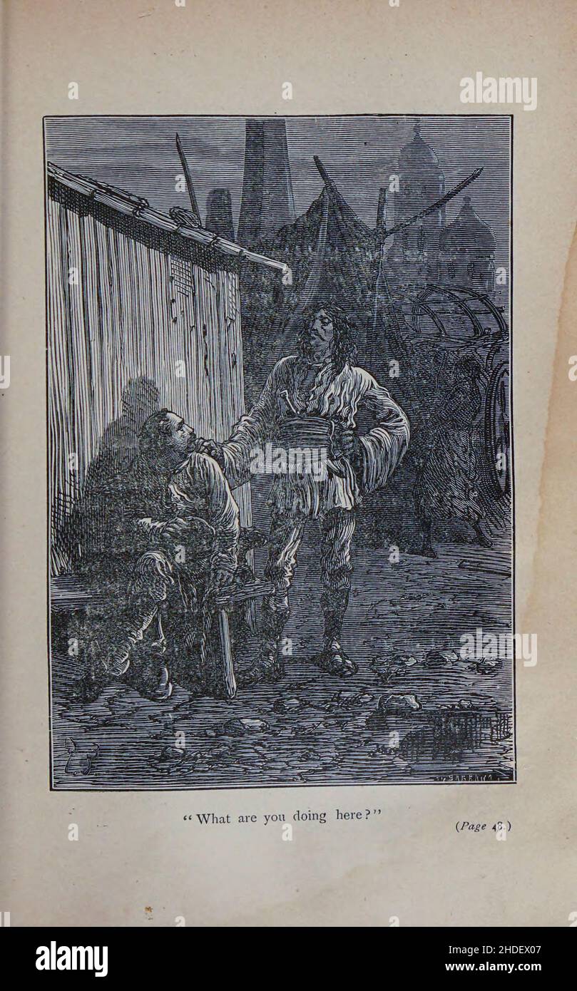 Was machst du hier, gezeichnet von Jules Férat. Aus dem Buch Michael Strogoff: Der Kurier des Zaren (französisch: Michel Strogoff) ist ein Roman von Jules Verne aus dem Jahr 1876. Kritiker, darunter Leonard S. Davidow, betrachten es als eines der besten Bücher von Verne. Im Gegensatz zu einigen anderen Romanen von Verne handelt es sich nicht um Science Fiction, sondern um ein wissenschaftliches Phänomen (Leidenfrost-Effekt). Das Buch wurde später von Verne selbst und Adolphe d'Ennery einem Theaterstück angepasst. Die Bühnenmusik zum Stück wurde 1880 von Alexandre Artus und 1893 von Franz von Suppé geschrieben. Das Buch wurde mehrmals für adaptiert Stockfoto