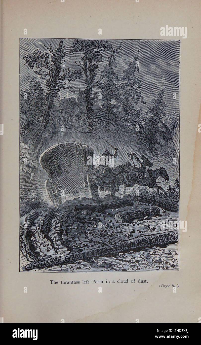 Der Tarantass verließ Perm in einer Staubwolke, die von Jules Férat gezeichnet wurde. Aus dem Buch Michael Strogoff: Der Kurier des Zaren (französisch: Michel Strogoff) ist ein Roman von Jules Verne aus dem Jahr 1876. Kritiker, darunter Leonard S. Davidow, betrachten es als eines der besten Bücher von Verne. Im Gegensatz zu einigen anderen Romanen von Verne handelt es sich nicht um Science Fiction, sondern um ein wissenschaftliches Phänomen (Leidenfrost-Effekt). Das Buch wurde später von Verne selbst und Adolphe d'Ennery einem Theaterstück angepasst. Die Bühnenmusik zum Stück wurde 1880 von Alexandre Artus und 1893 von Franz von Suppé geschrieben. Das Buch wurde adapt Stockfoto