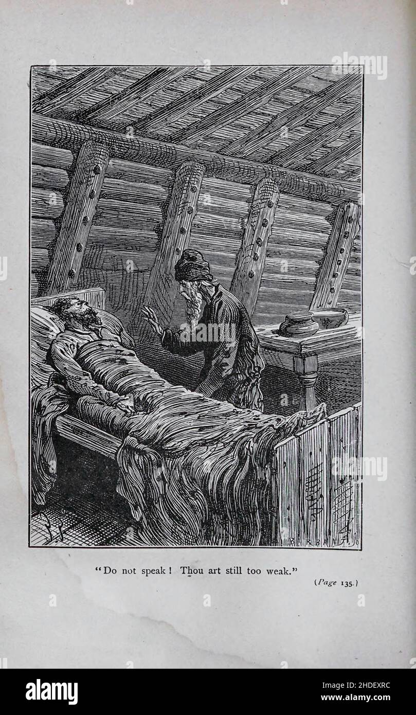 Sprechen Sie nicht! Thou Art Still Too Weak gezeichnet von Jules Férat. Aus dem Buch Michael Strogoff: Der Kurier des Zaren (französisch: Michel Strogoff) ist ein Roman von Jules Verne aus dem Jahr 1876. Kritiker, darunter Leonard S. Davidow, betrachten es als eines der besten Bücher von Verne. Im Gegensatz zu einigen anderen Romanen von Verne handelt es sich nicht um Science Fiction, sondern um ein wissenschaftliches Phänomen (Leidenfrost-Effekt). Das Buch wurde später von Verne selbst und Adolphe d'Ennery einem Theaterstück angepasst. Die Bühnenmusik zum Stück wurde 1880 von Alexandre Artus und 1893 von Franz von Suppé geschrieben. Das Buch wurde an sich adaptiert Stockfoto