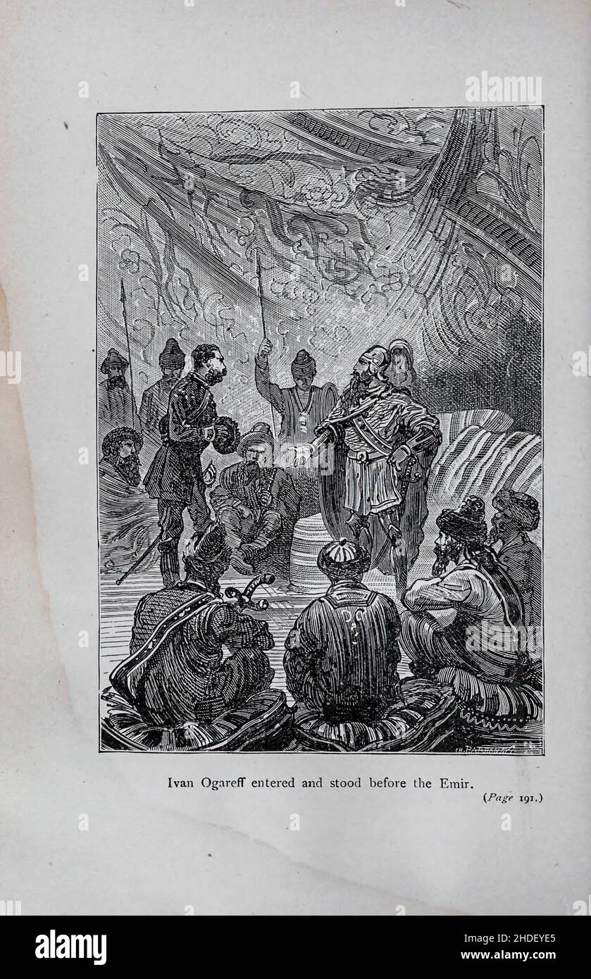 Ivan Ogareff trat ein und stand vor dem Emir, gezeichnet von Jules Férat. Aus dem Buch Michael Strogoff: Der Kurier des Zaren (französisch: Michel Strogoff) ist ein Roman, der von Jules Verne 1876 geschrieben wurde. Kritiker, darunter Leonard S. Davidow, betrachten es als eines der besten Bücher von Verne. Im Gegensatz zu einigen anderen Romanen von Verne handelt es sich nicht um Science Fiction, sondern um ein wissenschaftliches Phänomen (Leidenfrost-Effekt). Das Buch wurde später von Verne selbst und Adolphe d'Ennery einem Theaterstück angepasst. Die Bühnenmusik zum Stück wurde 1880 von Alexandre Artus und 1893 von Franz von Suppé geschrieben. Das Buch wurde angezeigt Stockfoto