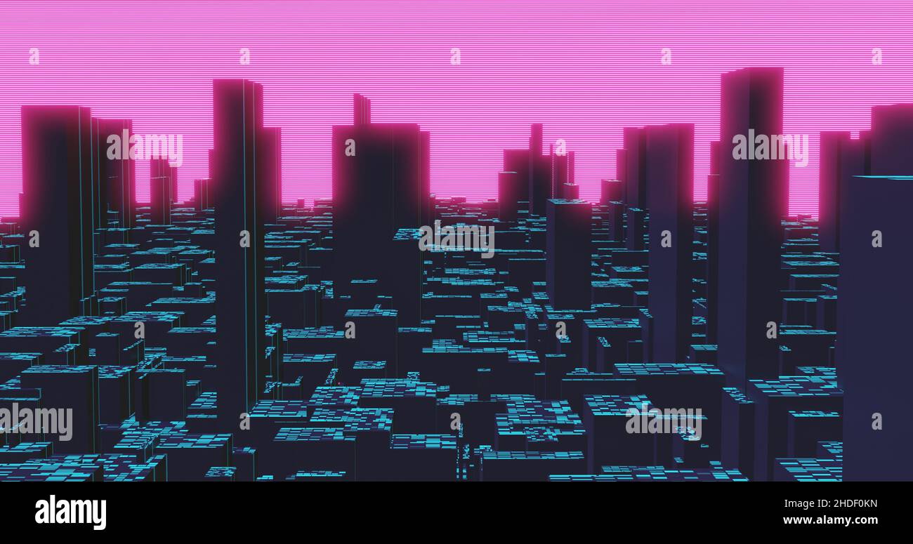 3D CGI gerenderte Abbildung. Im Retro-Anime inspirierte dunkle Stadt bei Nacht Skyline mit Gebäuden, Wolkenkratzern und digitalen rosa Neonhimmel. Stockfoto