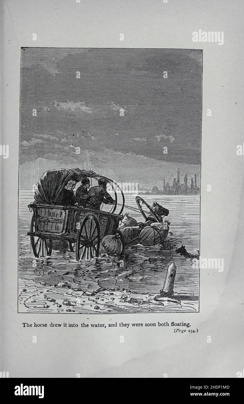 Das Pferd zog es ins Wasser, und bald schwebten beide. Gezeichnet von Jules Férat. Aus dem Buch Michael Strogoff: Der Kurier des Zaren (französisch: Michel Strogoff) ist ein Roman von Jules Verne aus dem Jahr 1876. Kritiker, darunter Leonard S. Davidow, betrachten es als eines der besten Bücher von Verne. Im Gegensatz zu einigen anderen Romanen von Verne handelt es sich nicht um Science Fiction, sondern um ein wissenschaftliches Phänomen (Leidenfrost-Effekt). Das Buch wurde später von Verne selbst und Adolphe d'Ennery einem Theaterstück angepasst. Die Bühnenmusik zum Stück wurde 1880 von Alexandre Artus und 1893 von Franz von Suppé geschrieben. Stockfoto