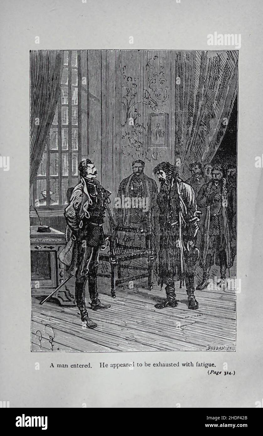 Ein Mann trat ein, er schien erschöpft von der Erschöpfung zu sein, gezeichnet von Jules Férat. Aus dem Buch Michael Strogoff: Der Kurier des Zaren (französisch: Michel Strogoff) ist ein Roman, der von Jules Verne 1876 geschrieben wurde. Kritiker, darunter Leonard S. Davidow, betrachten es als eines der besten Bücher von Verne. Im Gegensatz zu einigen anderen Romanen von Verne handelt es sich nicht um Science Fiction, sondern um ein wissenschaftliches Phänomen (Leidenfrost-Effekt). Das Buch wurde später von Verne selbst und Adolphe d'Ennery einem Theaterstück angepasst. Die Bühnenmusik zum Stück wurde 1880 von Alexandre Artus und 1893 von Franz von Suppé geschrieben. Das Buch ha Stockfoto