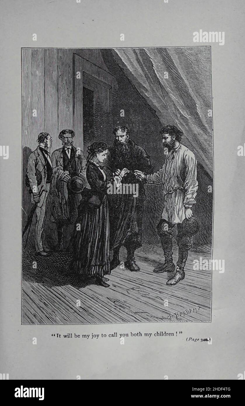 Es wird mir eine Freude sein, euch beide meine Kinder zu nennen, gezeichnet von Jules Férat. Aus dem Buch Michael Strogoff: Der Kurier des Zaren (französisch: Michel Strogoff) ist ein Roman von Jules Verne aus dem Jahr 1876. Kritiker, darunter Leonard S. Davidow, betrachten es als eines der besten Bücher von Verne. Im Gegensatz zu einigen anderen Romanen von Verne handelt es sich nicht um Science Fiction, sondern um ein wissenschaftliches Phänomen (Leidenfrost-Effekt). Das Buch wurde später von Verne selbst und Adolphe d'Ennery einem Theaterstück angepasst. Die Bühnenmusik zum Stück wurde 1880 von Alexandre Artus und 1893 von Franz von Suppé geschrieben. Das Buch wurde angezeigt Stockfoto