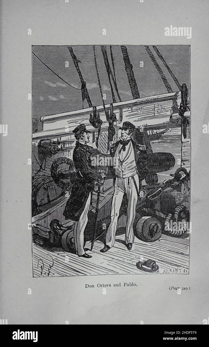 Don Orteva und Pablo. Aus den Meuterern von Jules Verne Basierend auf der wahren Geschichte der Meuterer der Bounty (französisch: Les Révoltés de la Bounty), übersetzt vom englischen Schriftsteller W. H. G. Kingston, ist eine Kurzgeschichte von Jules Verne. Die Geschichte basiert auf britischen Dokumenten über die Meuterei auf der Bounty und wurde 1879 zusammen mit dem Roman The Begum's Fortune (Les cinq cents Millions de la Bégum) als Teil der Serie Les Voyages Extraordinaires (die außergewöhnlichen Reisen) veröffentlicht. Im Gegensatz zu vielen Autoren, die das Thema behandeln, konzentriert sich Verne auf den abgesetzten Kapitän der Bounty, W Stockfoto