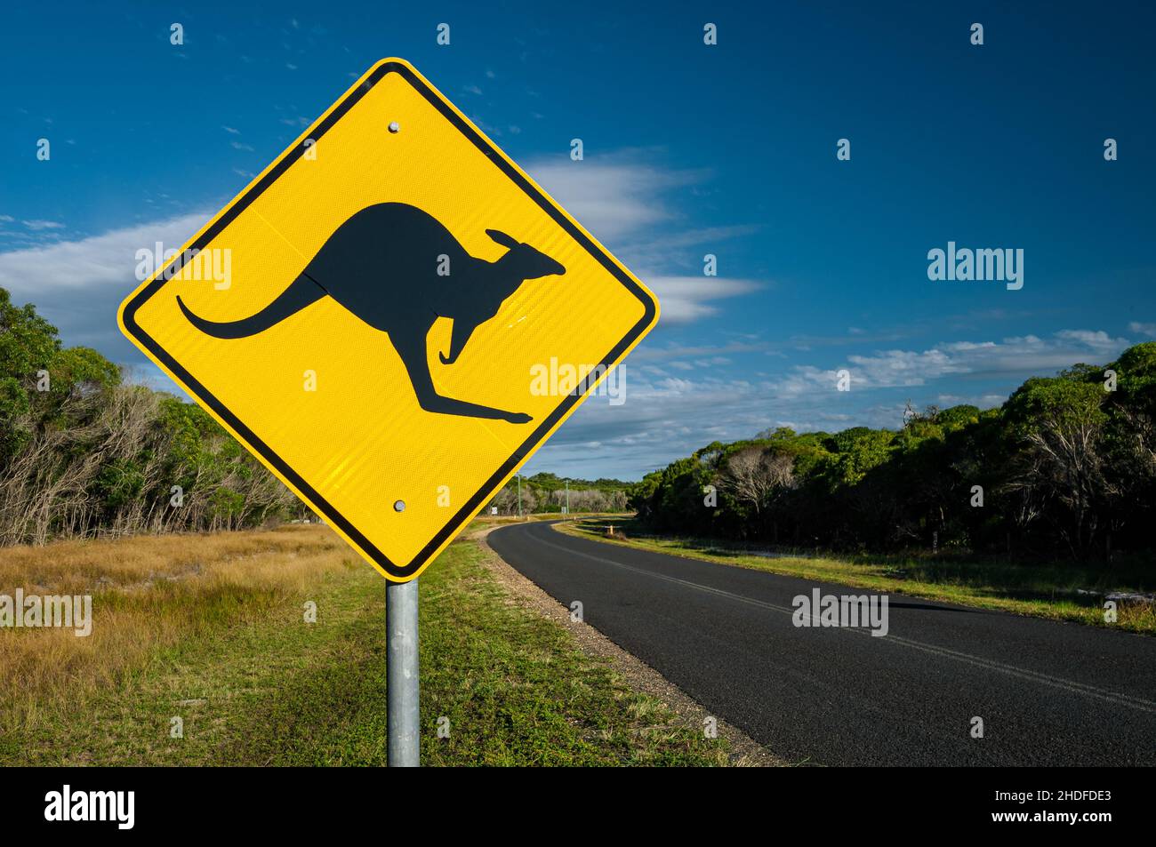 Typisches australisches Straßenschild auf einer abgelegenen Outback-Straße. Stockfoto