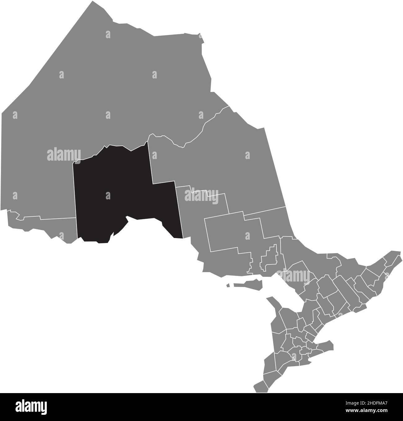Schwarz flach leer hervorgehoben Lagekarte des THUNDER BAY DISTRIKTS innerhalb grauer Verwaltungskarte der kanadischen Provinz Ontario, Kanada Stock Vektor