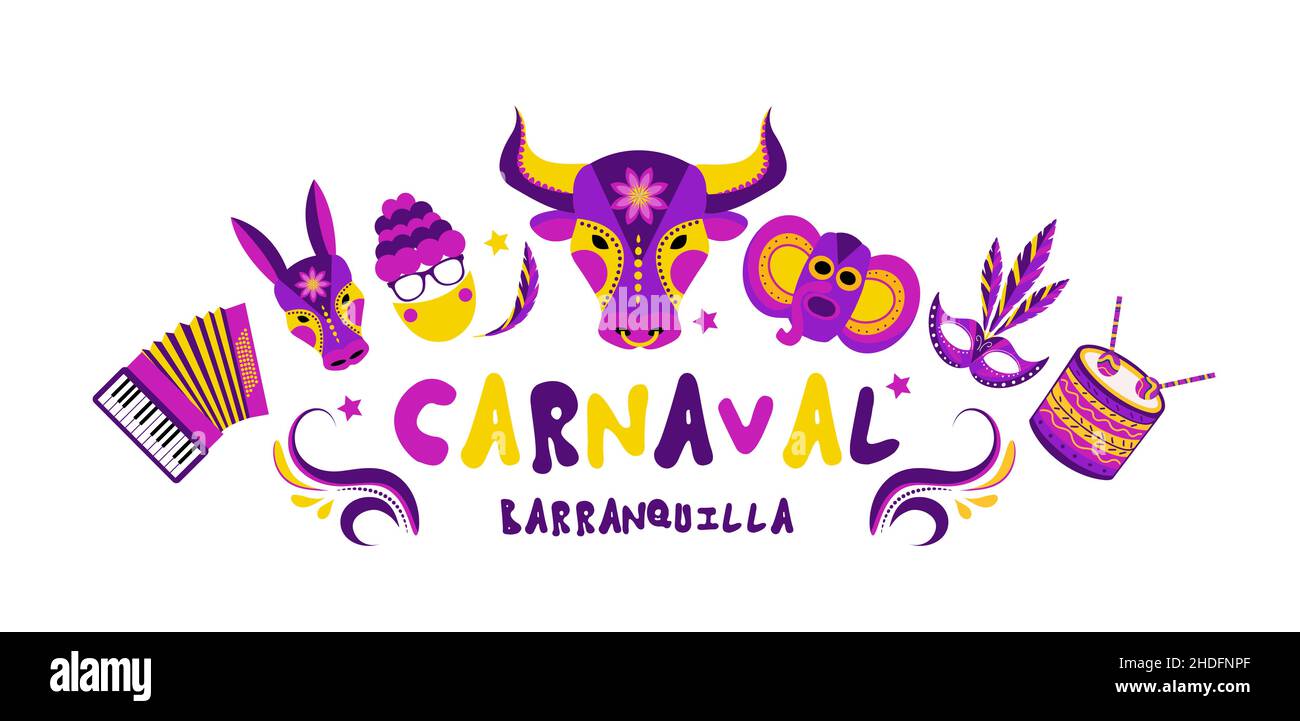 Barranquilla Carnival Poster Banner. Karneval Party Maskerade Vorlage für Ihr Design. Vektorgrafik Stock Vektor