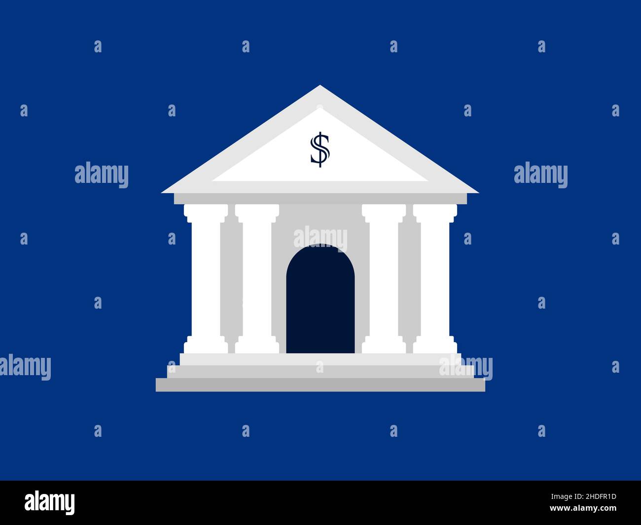 Bankgebäude auf blauem Hintergrund isoliert. Geschäfts- und Finanzkonzept. Symbol für das Gebäude der weißen Bank mit einem Dollarzeichen. Griechische Architekturbank. Vektor Stock Vektor