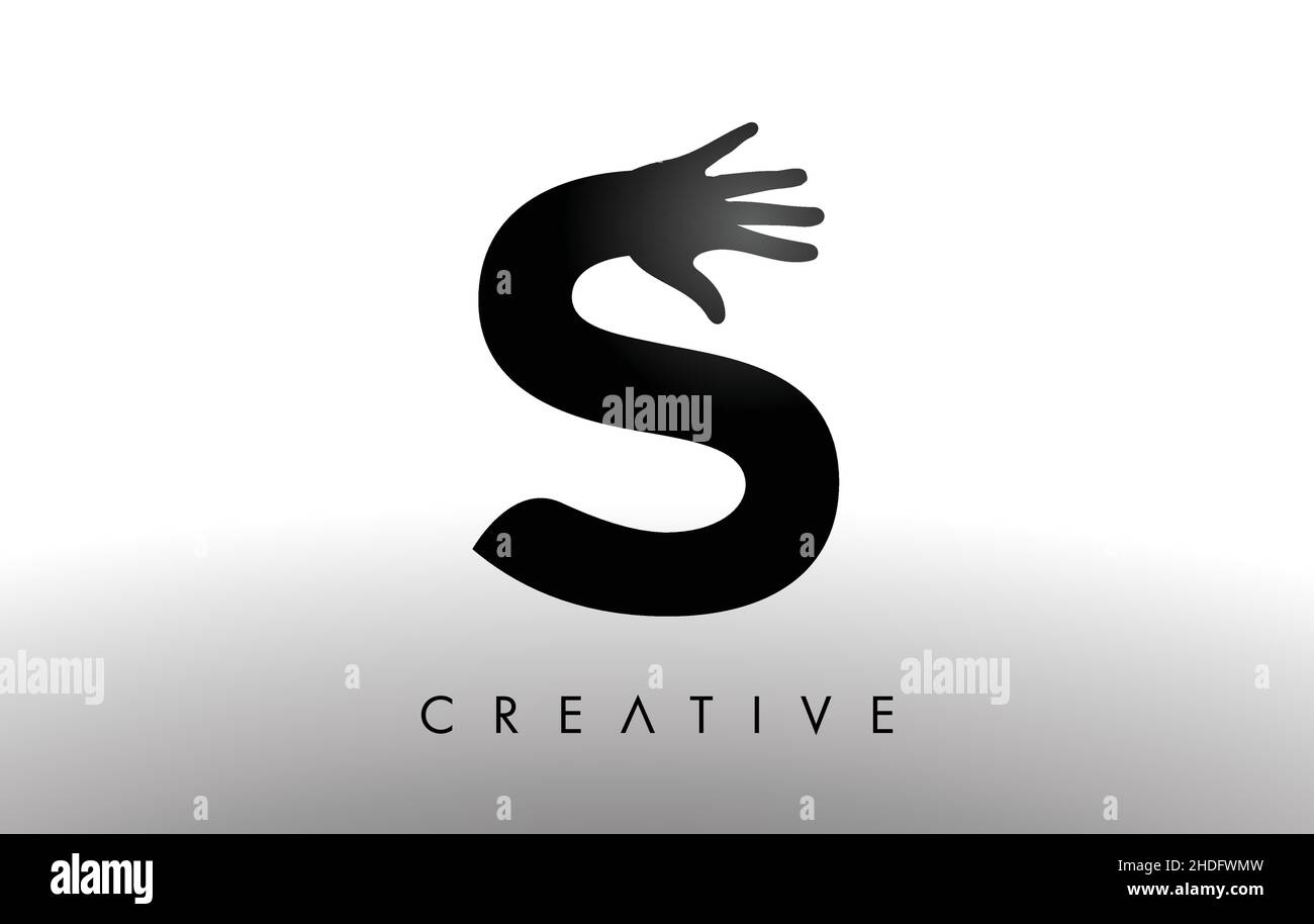 Buchstabe S-Logo mit Hand-Vektor-Symbol Illustration. Kreativer Hand Logo Brief in Schwarz und Weiß mit Hand Silhouette. Stock Vektor