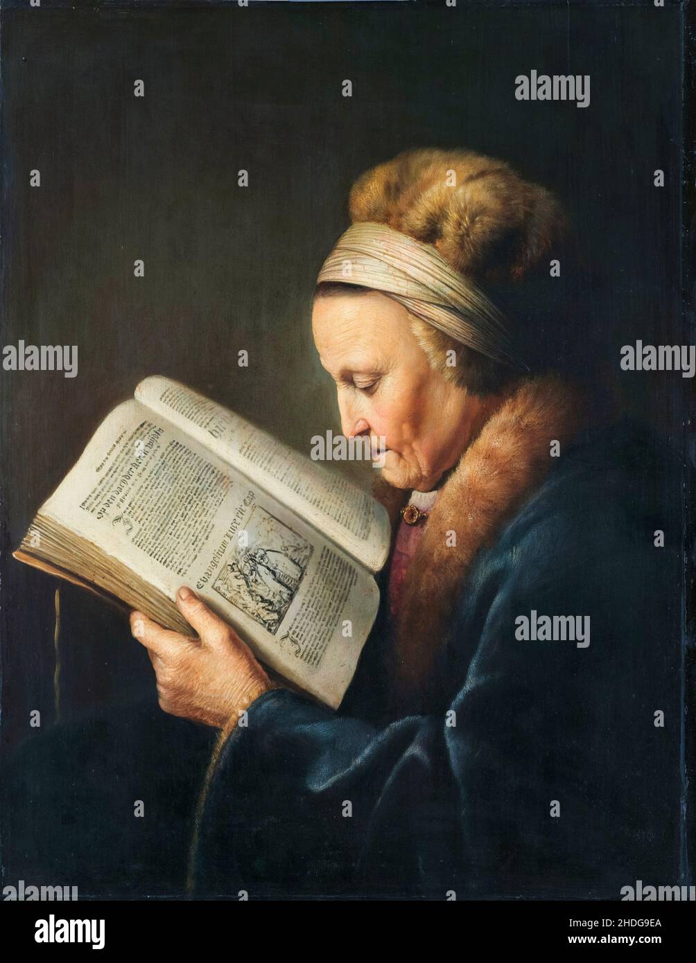 Gerrit Dou, Gemälde, Alte Frau Lesung, 1631-1632 Stockfoto
