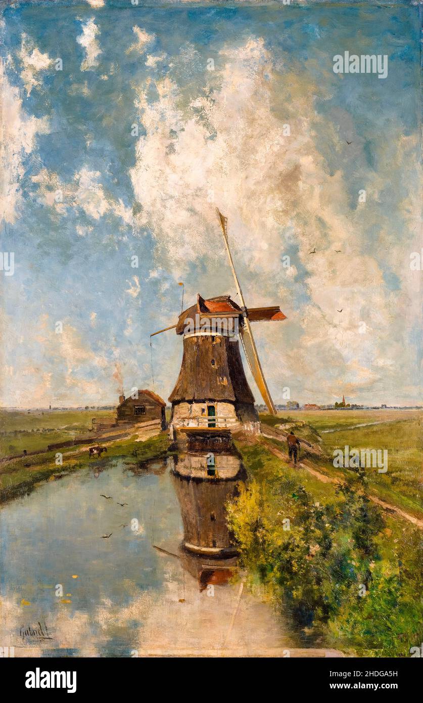 Eine niederländische Windmühle auf einem Polder-Kanal, bekannt als „im Monat Juli“, Landschaftsmalerei von Paul Gabriël, um 1889 Stockfoto