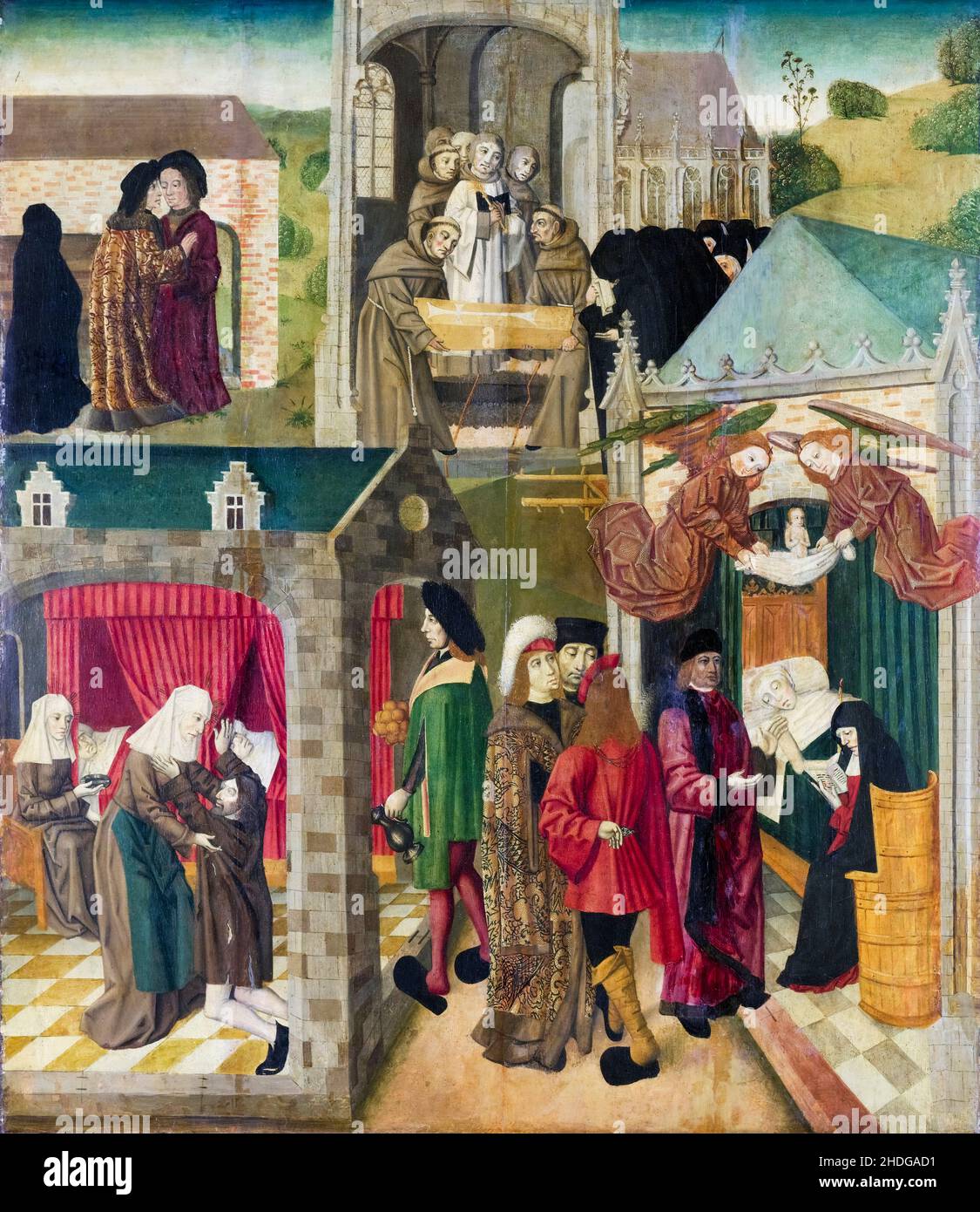 Die heilige Elisabeth von Ungarn, die in Marburg die Kranken und den Tod der heiligen Elisabeth aufführt, Gemälde des Meisters der Elisabethtafeln, 1490-1495 Stockfoto