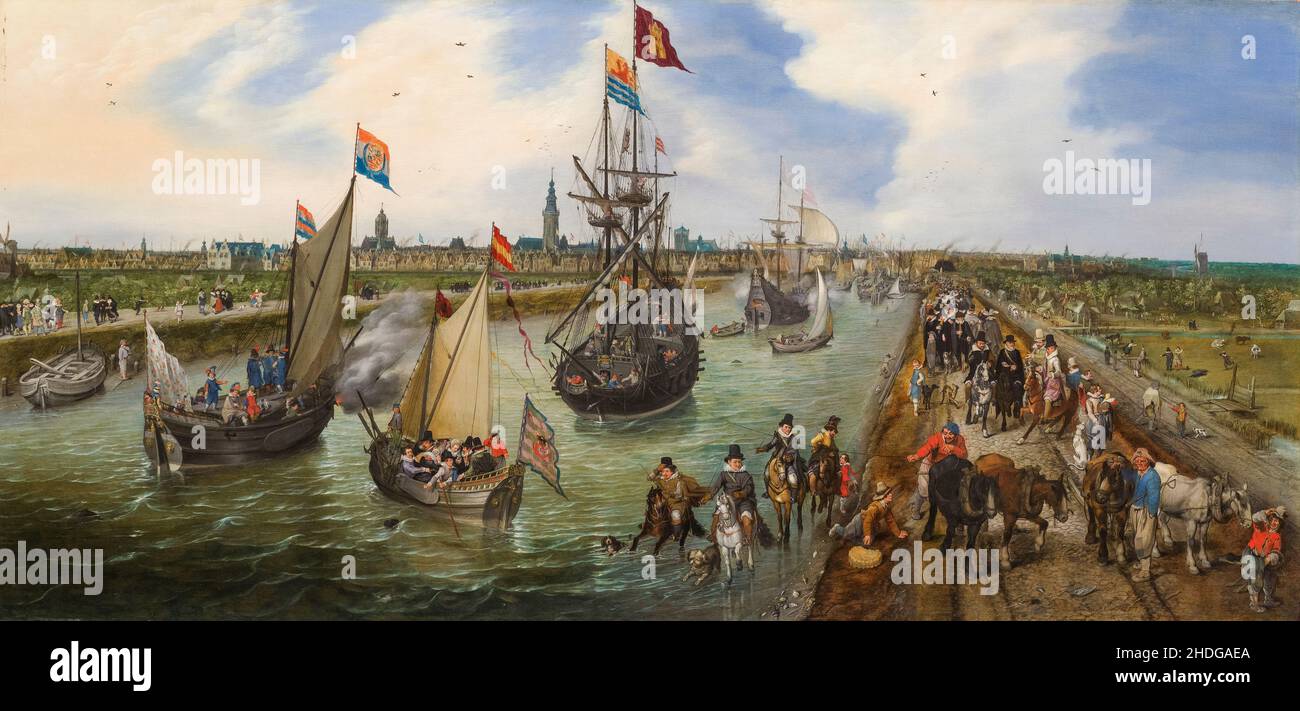 Die Abfahrt eines Würdenträgers aus Middelburg (auf dem holländischen Kriegsschiff 'De Zeehondt'), Gemälde von Adriaen van de Venne, 1615 Stockfoto