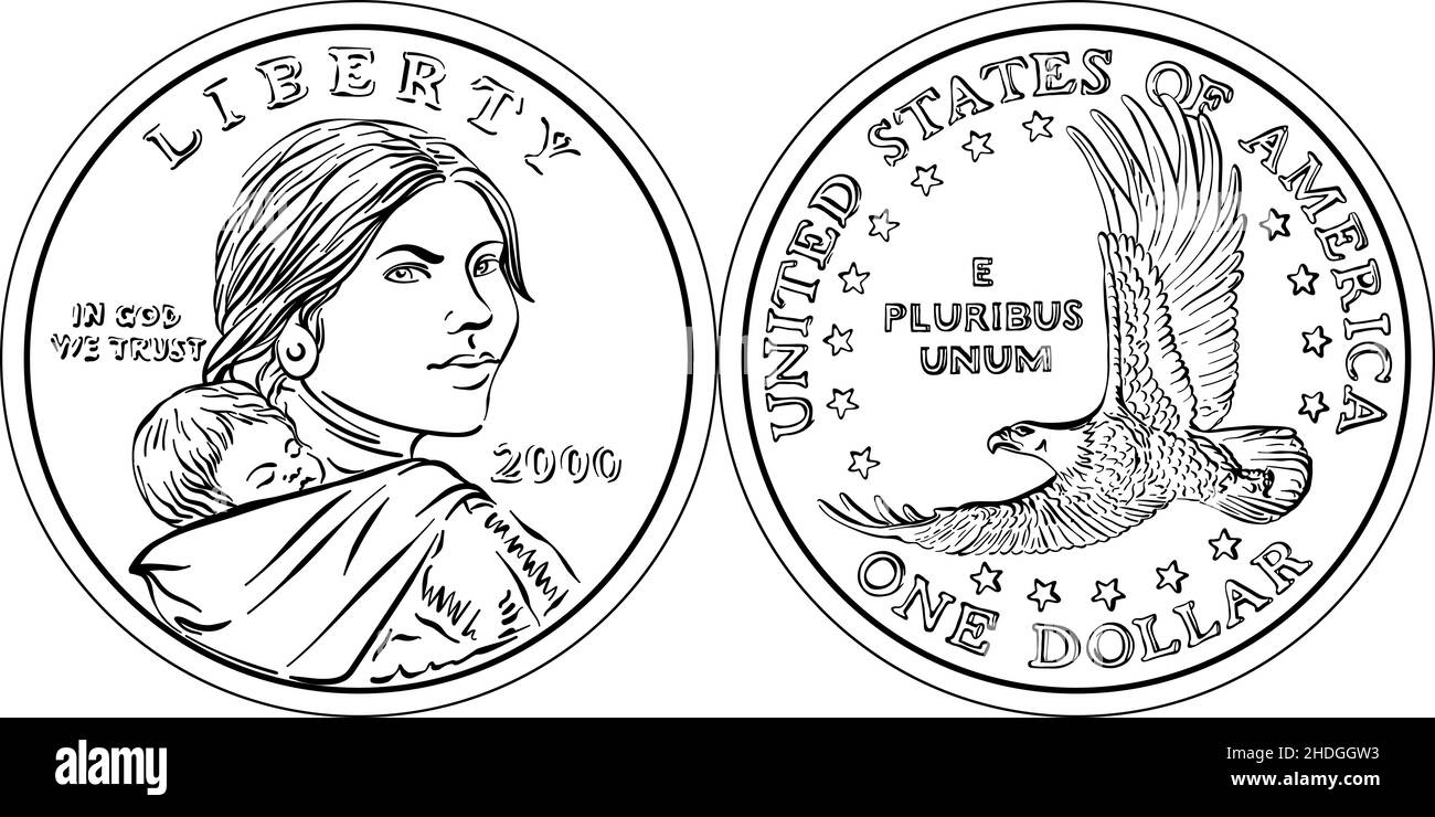 American Money Sacagawea Dollar, schwarz und weiß, Sacagawea auf der Vorderseite, fliegender Adler auf der Rückseite Stock Vektor