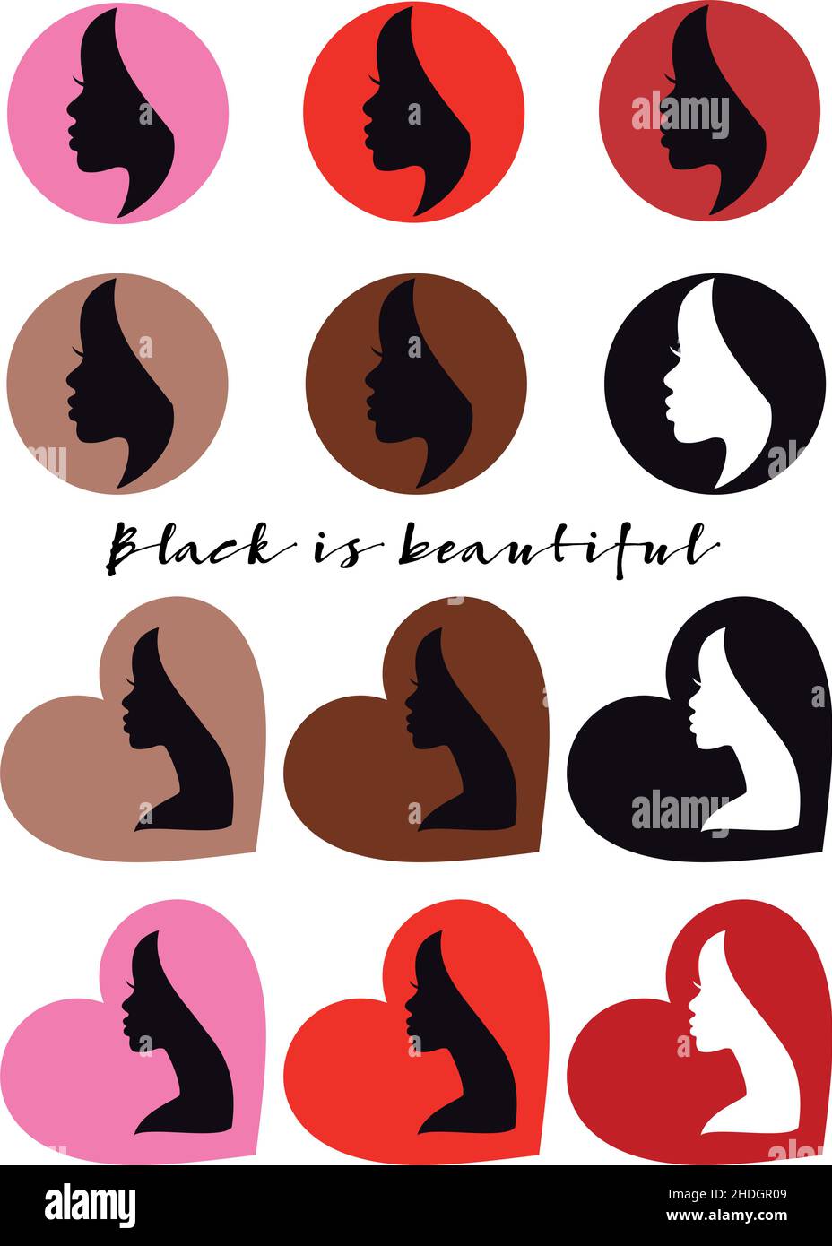 Schwarze Schönheit, Afrikanische Frauen, Avatare, Profilsilhouetten, Herz- und Punktformen, Design für Valentinstag, Frauentag, Vektor-Illustration-Set Stock Vektor