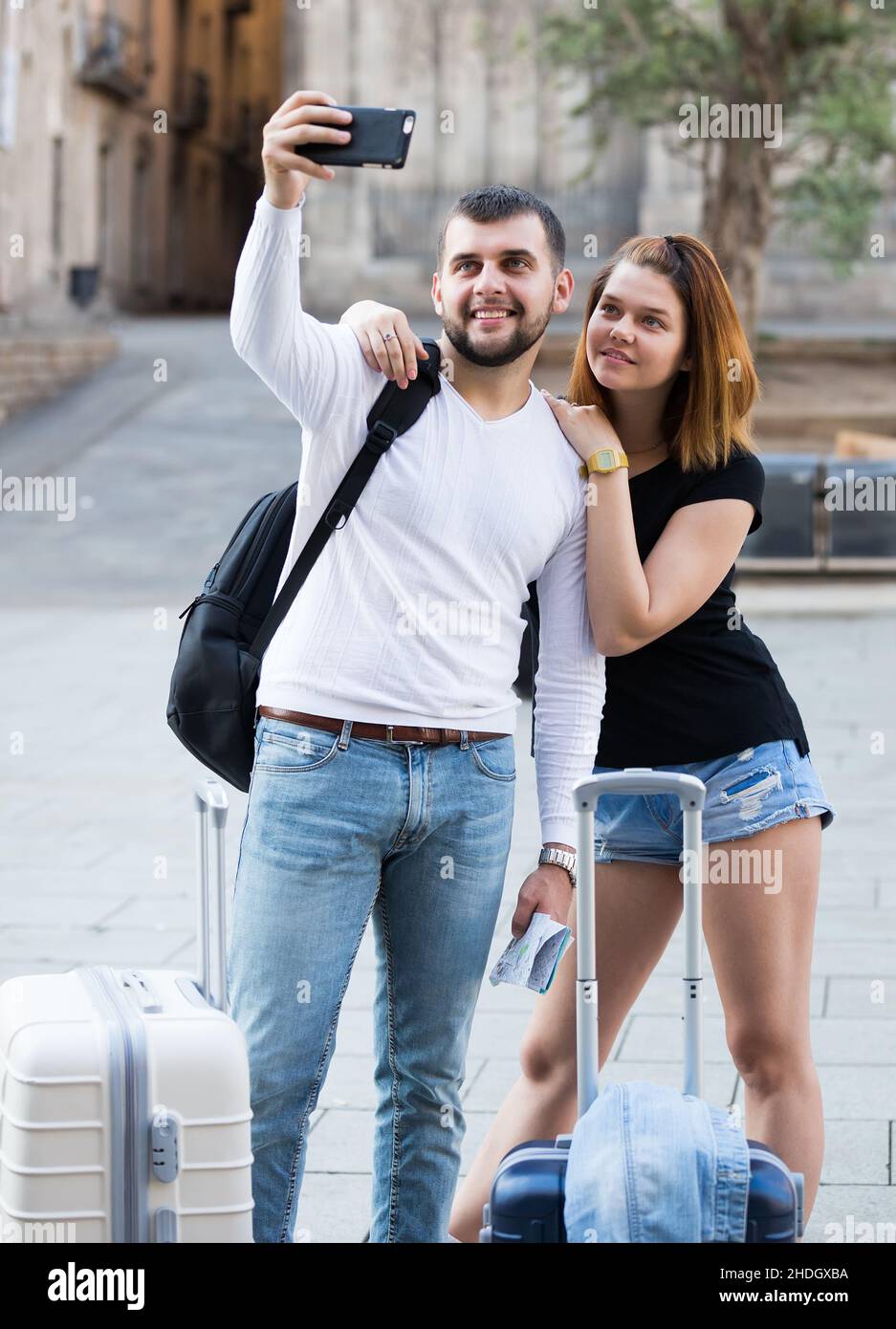 Weibliche und männliche beim Selfie Stockfoto