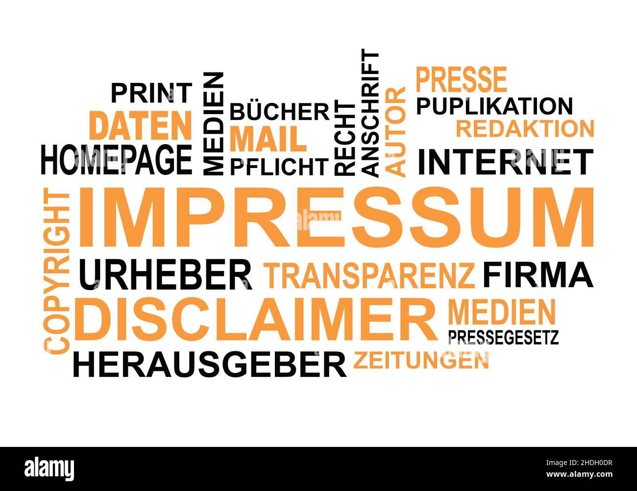impressum, Word Cloud, Aufdrucke Stockfoto