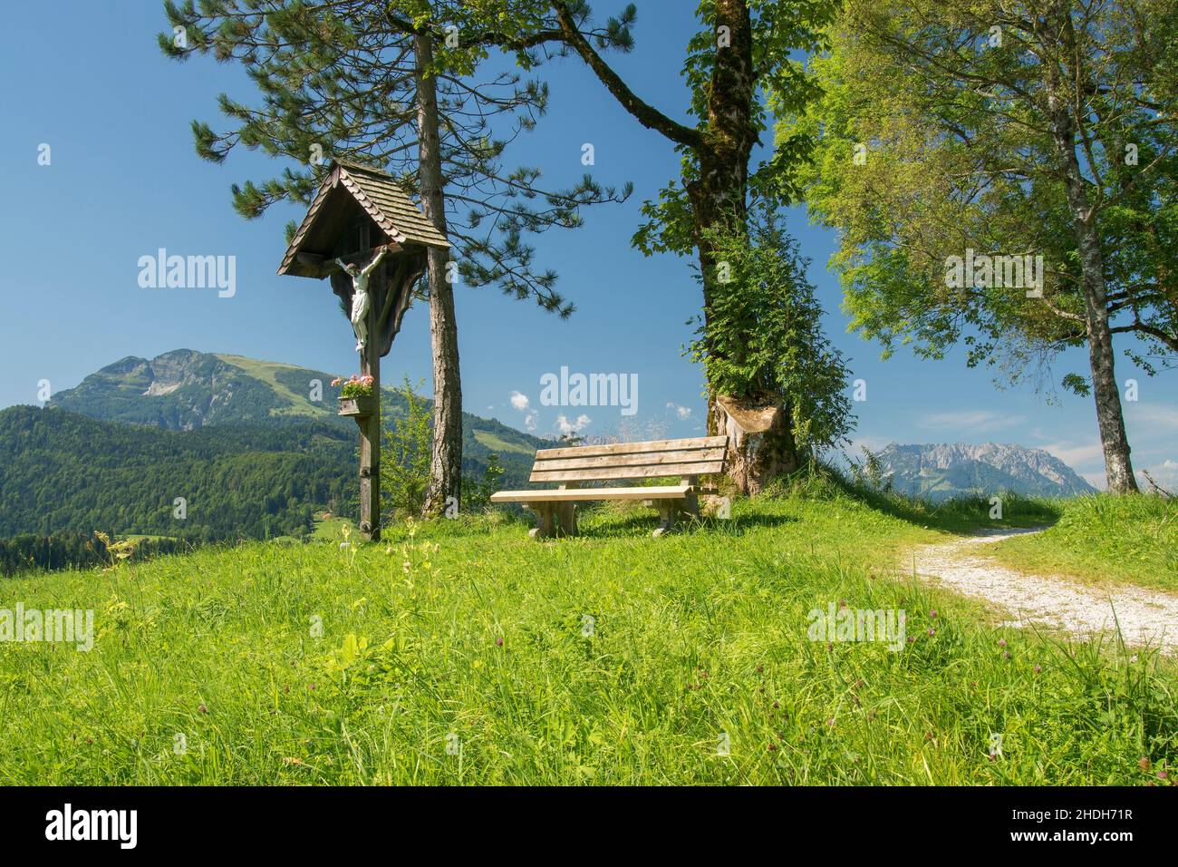 bank, oberbayern, Kreuz, reit im winkl, entfelden, Benchs, Upper bavarias, Crosses, reit im winkls Stockfoto